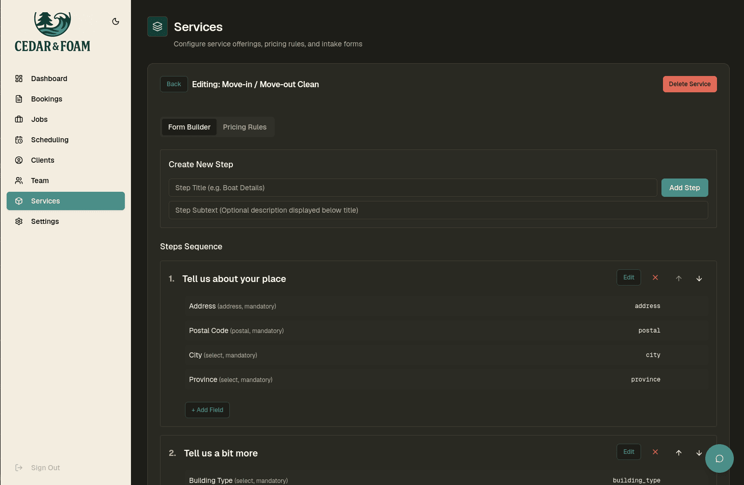Form builder for custom service intake fields and sections