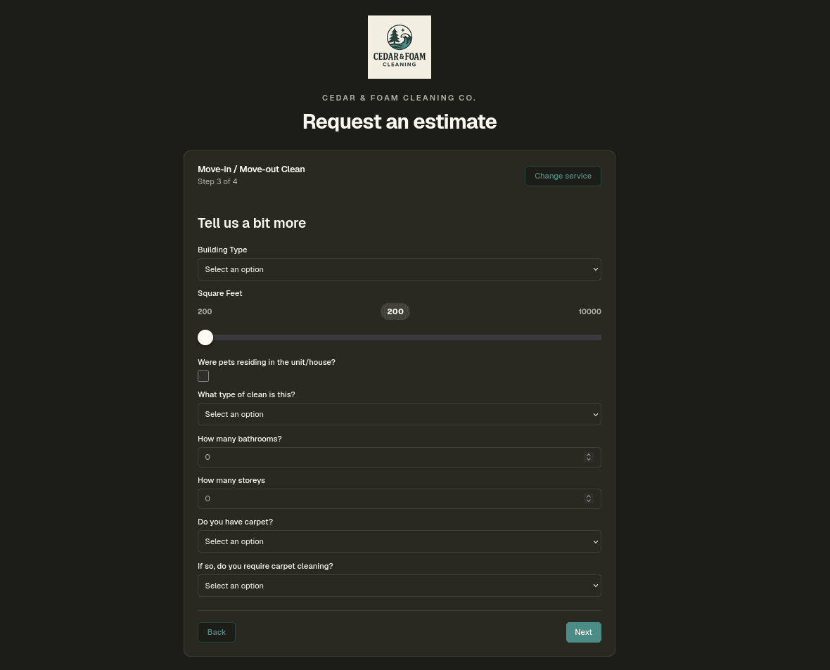 Branded client intake form collecting service request details