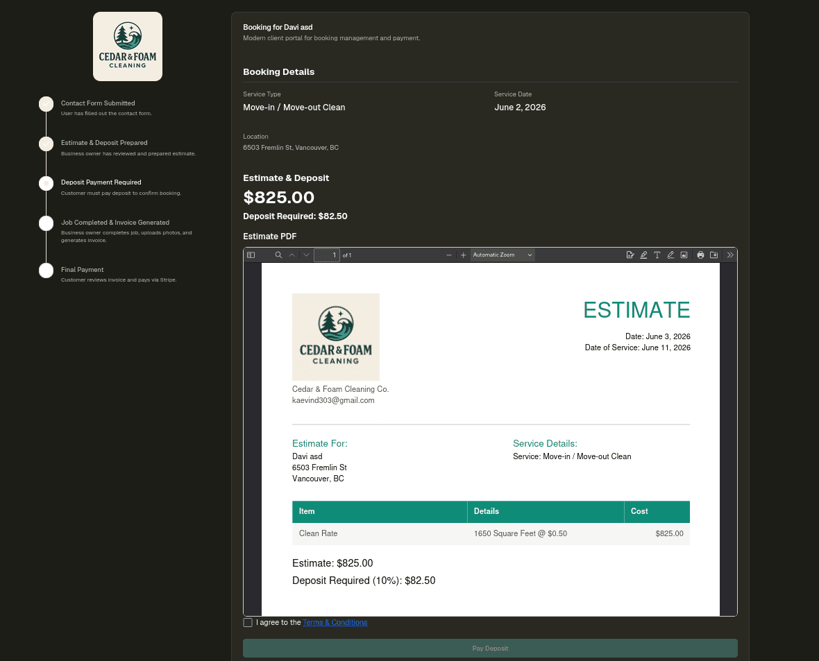Client portal showing file status, estimates, invoices, photos, and payments