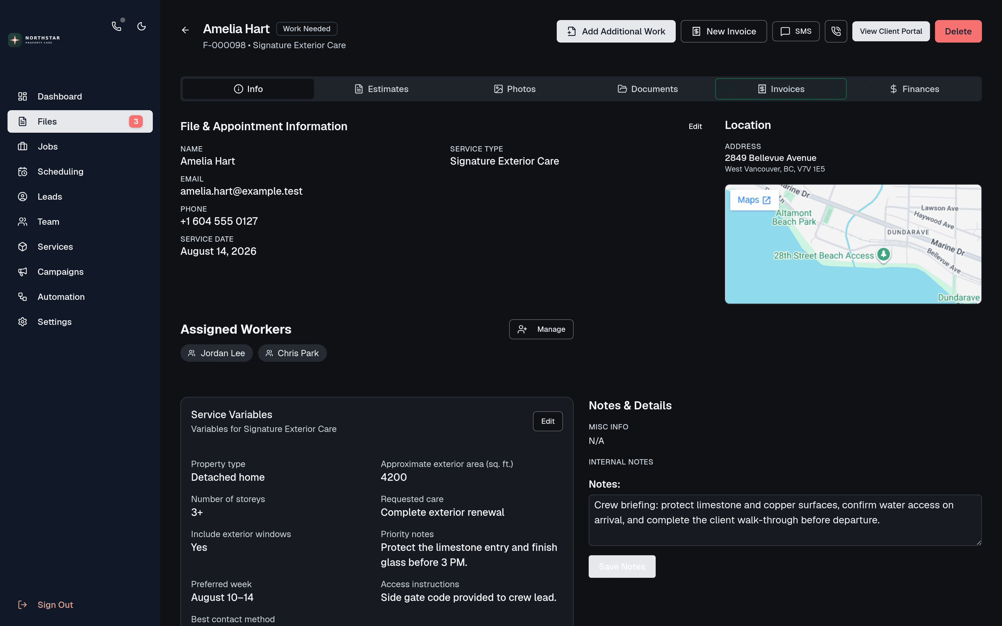 Amelia Hart service file with appointment, crew, service variables, notes, and client controls