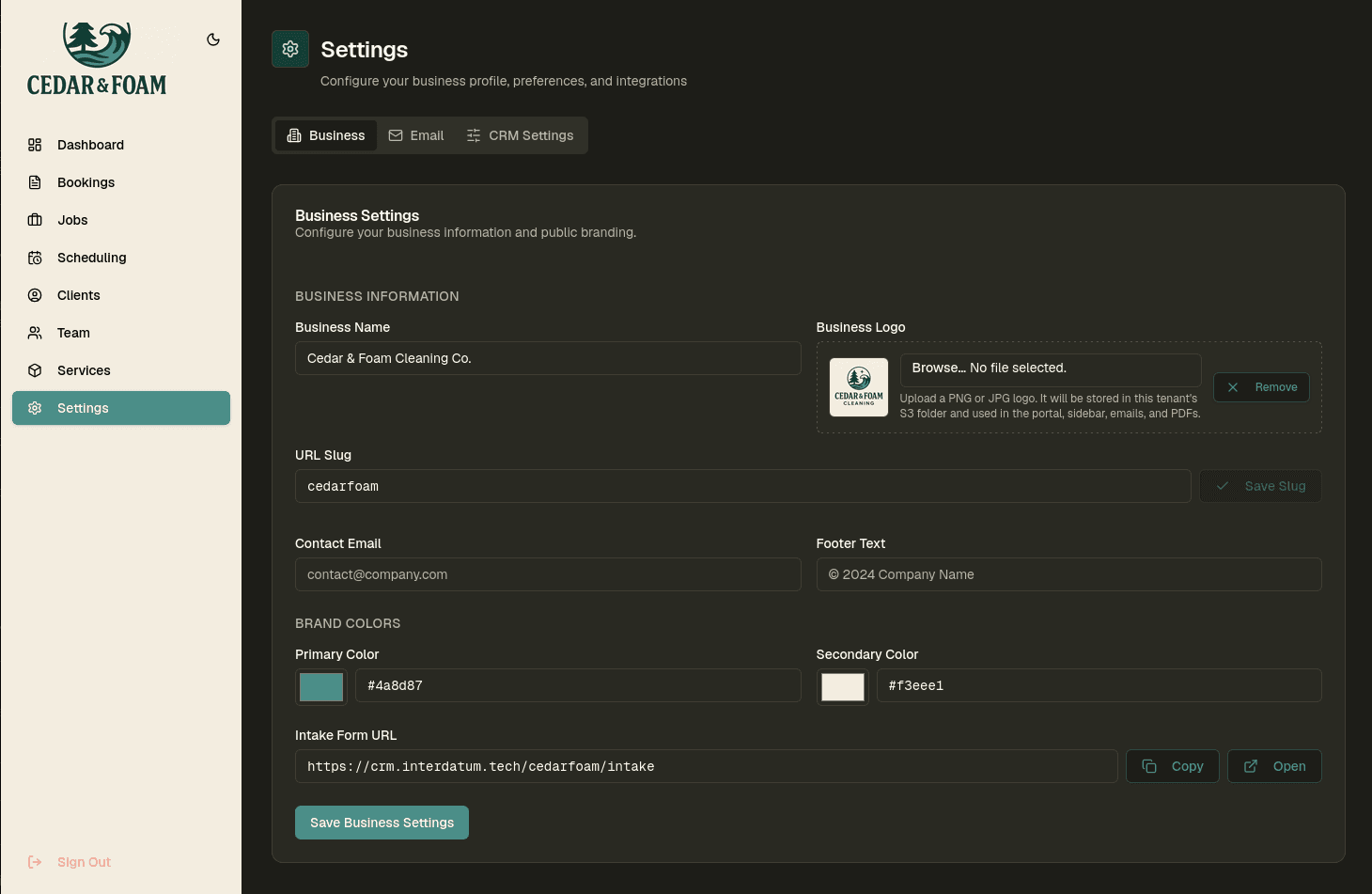 Business settings for branding and CRM configuration