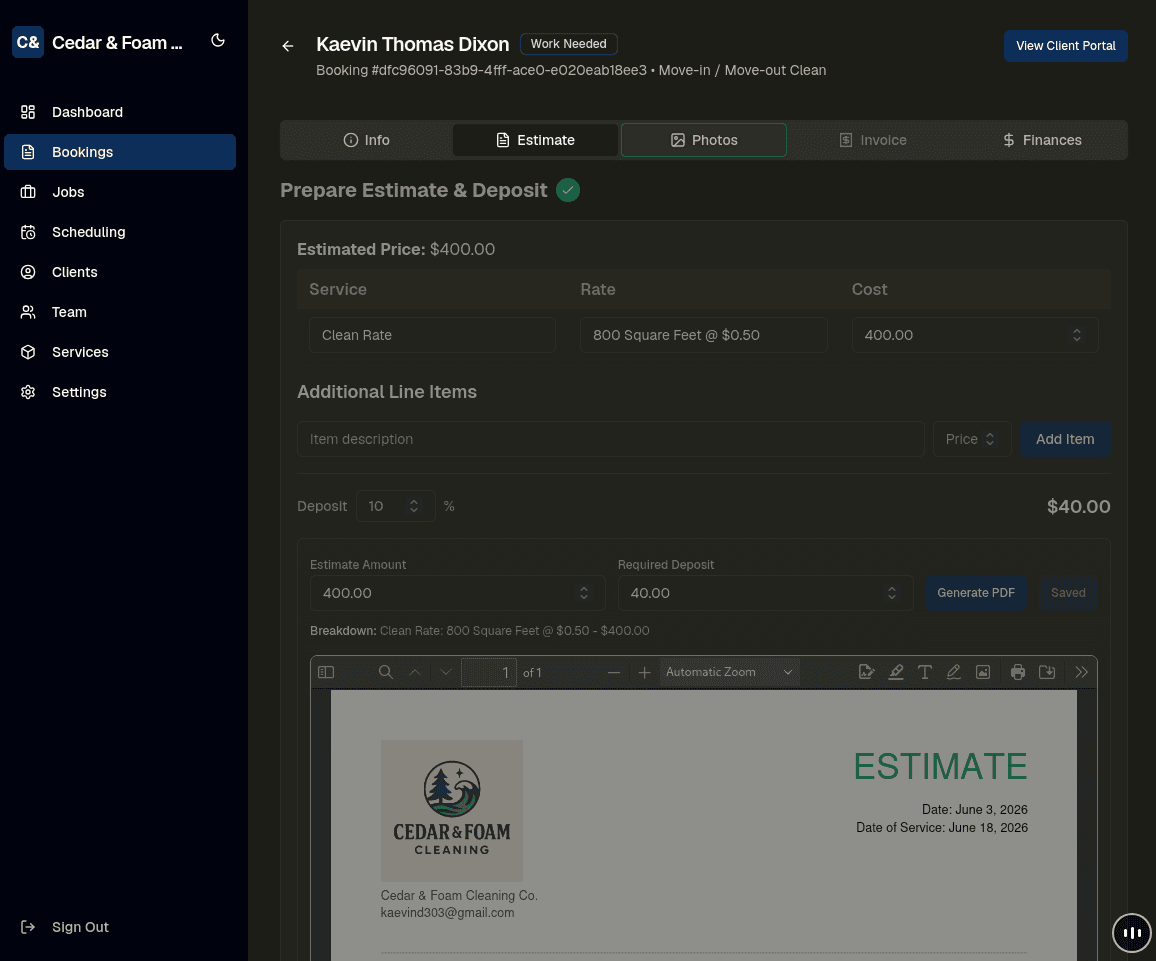 Estimate workspace with editable service rows and PDF preview