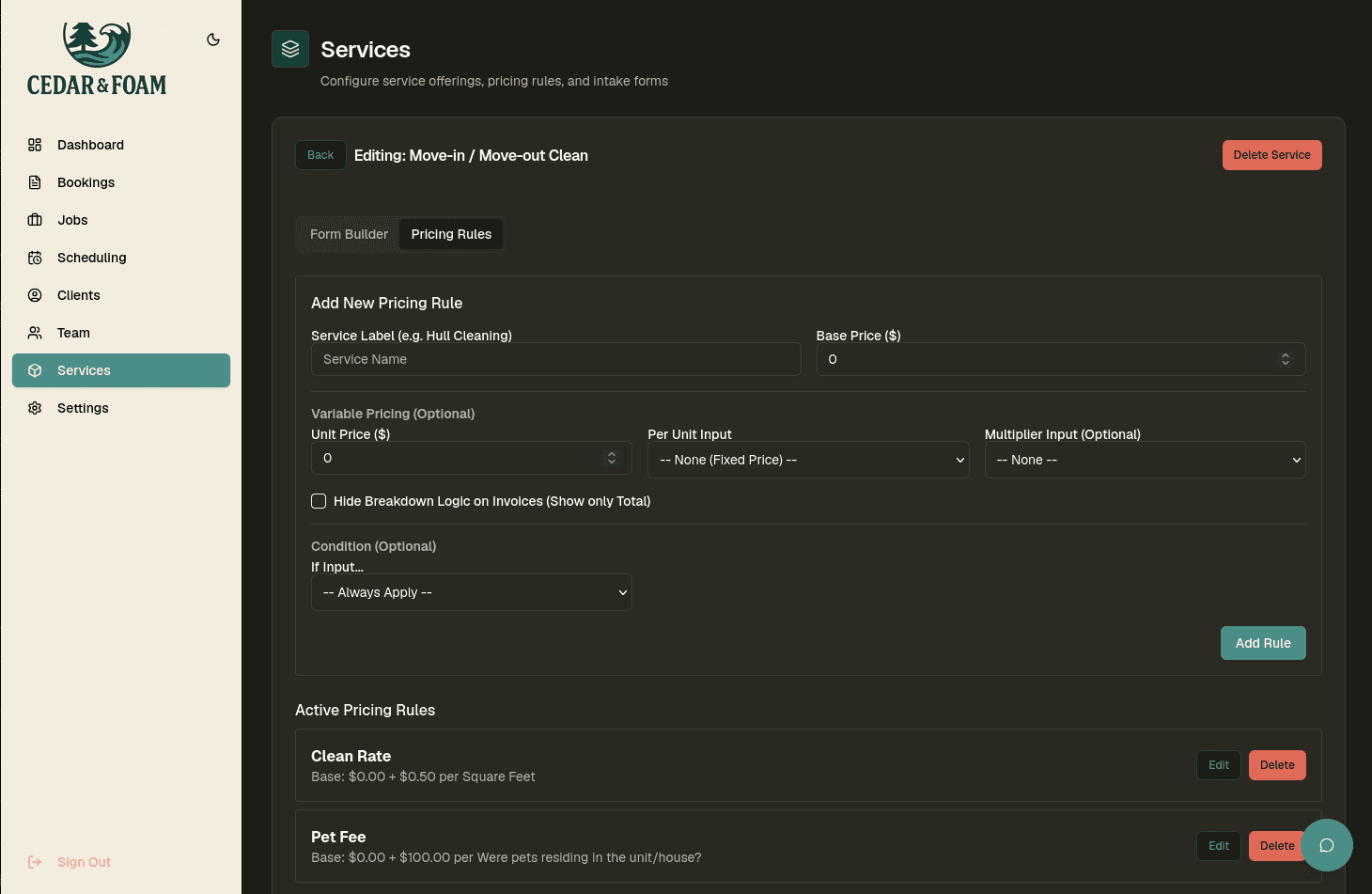 Service pricing and business configuration